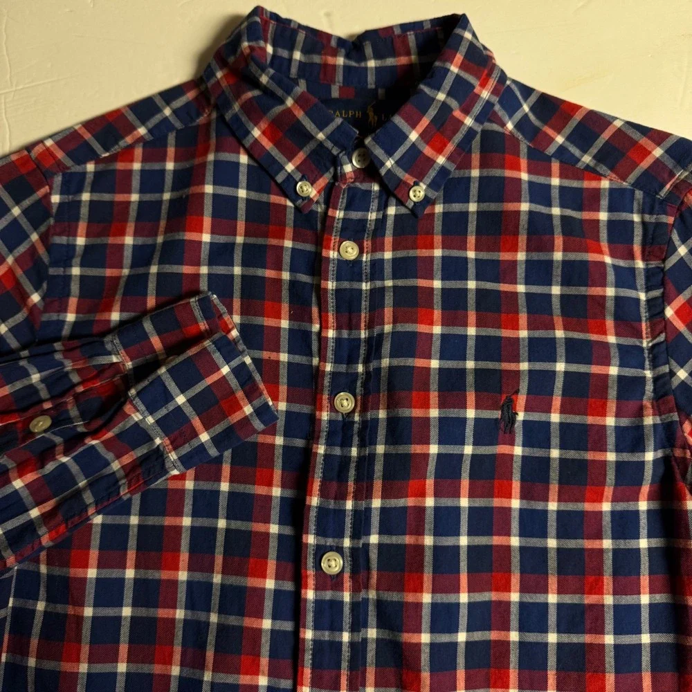 Kids Ralph Lauren Plaid Button Down Shirt Long Sleeve Blue Red‎ White Size L G